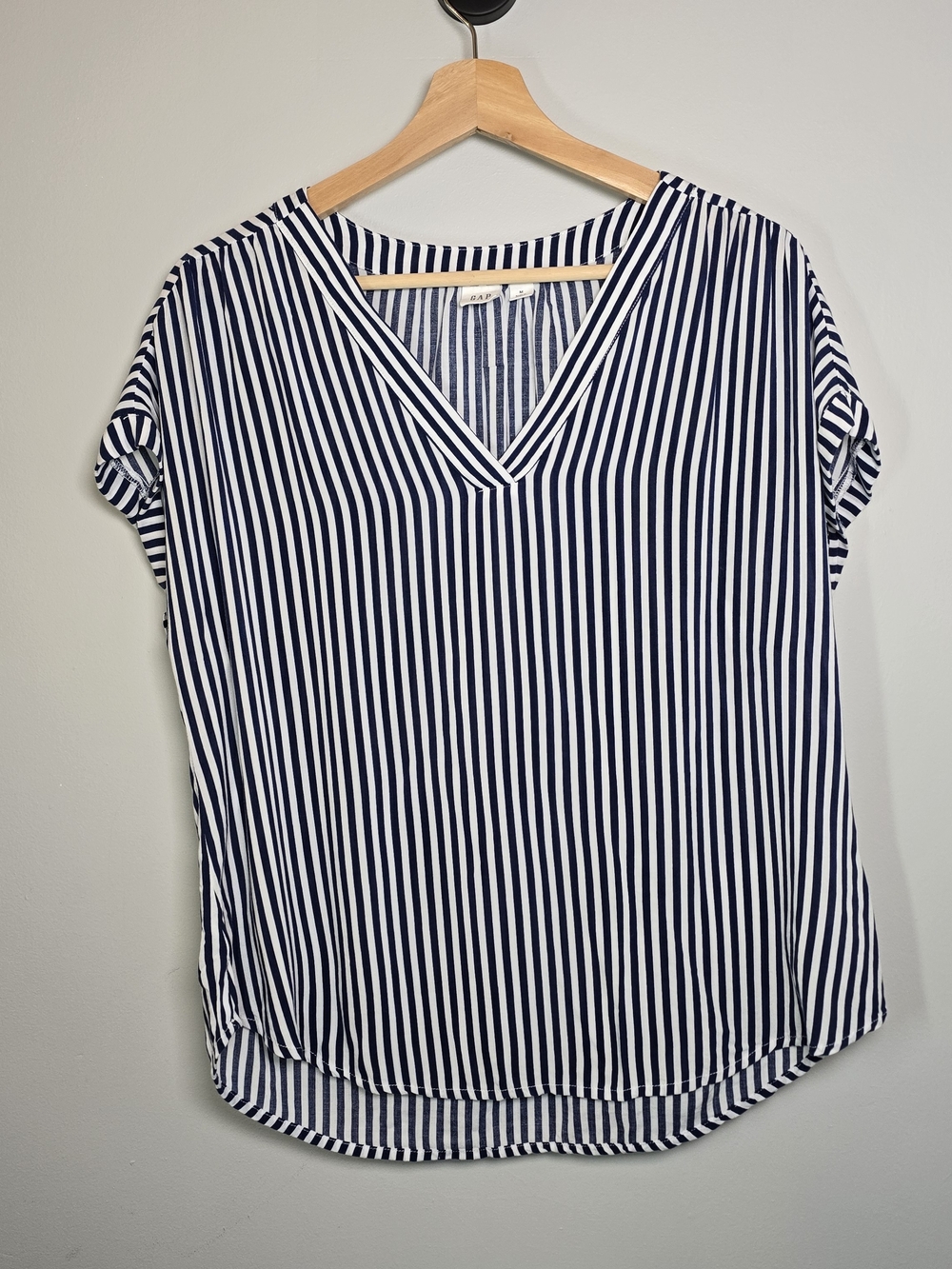 GAP Navy and White Vertical Stripe V-Neck Blouse